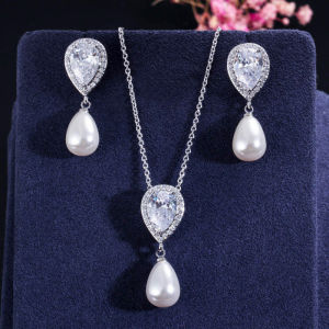 เลื่อมอารมณ์สีขาวชุบทองของผู้หญิงชุดเครื่องประดับการตั้งค่าปูเจียรเป็นรูปหยดน้ำ AAA Zirconia งานแต่งงานงานเลี้ยงไข่มุกสร้อยคอ SJ358ต่างหูสำหรับเจ้าสาววาง