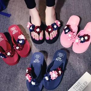 [Free Shipping] New DIY Handmade Floral Flip-Flops Summer TPR Thick-Soled Non-Slip WomenS Beach Sandals Wedge Heel Slippers