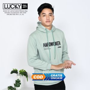Sweater Hoodie LUCKY PROJECT HARD WORKER Jaket Suiter Sweeter Hudi Pria Wanita Dewasa Terbaru Bahan Fleece Katun Tebal Hijau mint Hitam Kream Size M L XL Bisa COD