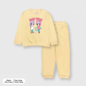Bộ dài tay cho bé gái Bigfox Miss Meow thu đông bộ nỉ bông bé gái in hai cô gái Good Vibes size trẻ em 3 4 5 6 7 8 9 10 11 tuổi