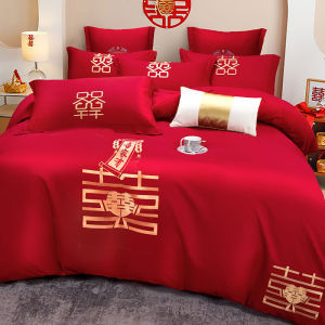 Bedding 4-piece set Chinese wedding embroidery big red 4-piece set wedding bed newlywed bed sheet quilt cover festive bedding (bed sheet *1 quilt cover *1 pillowcase *2)