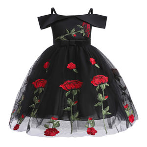 Kids Girls Princess Dress Off Shoulder Rose Embroidery Mesh Dresses Children Ball Gown