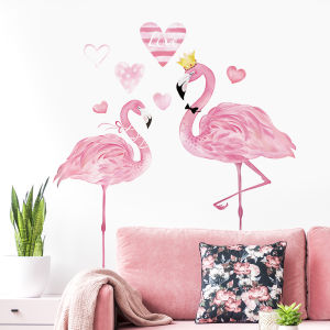 Decal giấy dán tường Hồng Hạc Đôi màu hồng pastel có keo sẵn- Trang trí phòng khách phòng ngủ