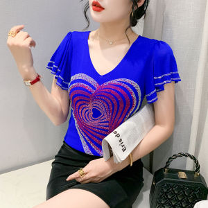 YIMEI Áo Thun Nữ Quảng Châu Đẹp 2023 Áo Thun Nhúng Công Nghiệp Nặng Mới Mùa Hè Kim Cương Tình Yêu Áo Phông Nữ Họa Tiết Lá Nhún Tay Ngắn Lưới Hai Lớp Thời Trang Nữ Đa Năng Áo Sơ Mi Xanh Lam