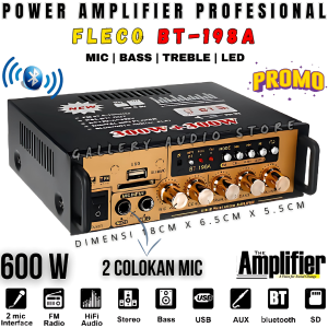 Power Amplifier Stereo Bluetooth FLECO BT-198A 600W | Amplifier Bluetooth Karaoke Full Bass Suara Surround 2MIC FM AUX USB SD AMP Remote Kontrol | Gallery Audio