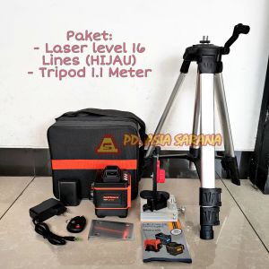 PAKET Meteran Cross Laser Level 16 Lines 4D Hijau Remote + Tripod Self Leveling Waterpass LD-515