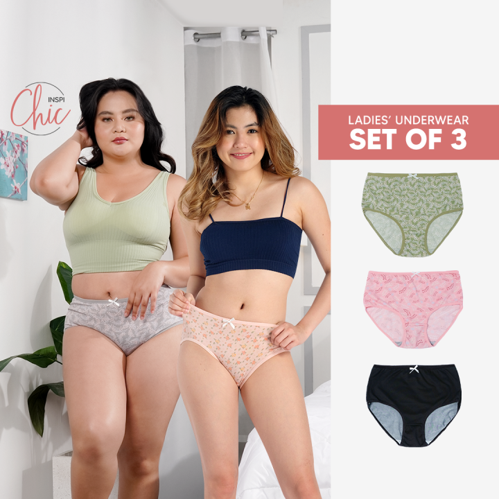 INSPI Chic 3pcs Panty for Women Plus Size Set Ribbon Printed or Plain  Cotton Seamless Underwear for Woman Comfortable Panty