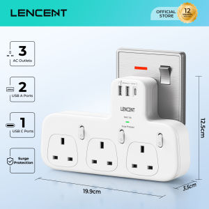 LENCENT Surge Protected 3 Way Plug Extension with PD 20W USB-C & 2 USB-A QC 3.0 Multi Plug Adaptor UK with Individual Switches Plug Extender Wall Socket for Surge Protection 13A 3250W Surge Protector