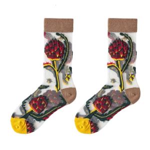 Womens Floral Sheer Mesh Middle Calf Socks Breathable Glass Silk Fabric Soft Comfort Jacquard See Through Stockings Gift