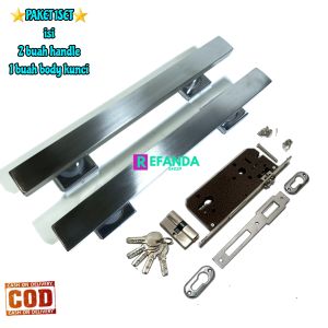 Set gagang tarikan handle pintu rumah dan lock body kunci untuk pintu depan dan kamar model daun pintu 1 terdiri dari 2 buah handle dan 1 buah body kunci dengan fitur modern dan desain minimalis.