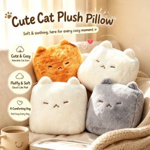 DIVATEN Soft Fluffy Square Cat Plush Pillow Plush Kawaii Cartoon Design Cat Plush Cushion Cute Sofa Decoration Lying Cat Doll Birthday Gift