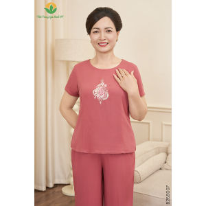 Đồ bộ mặc nhà trung niên chất Lanh thời trang Việt Thắng quần lửngáo cộc tay thêu họa tiết B26.5007