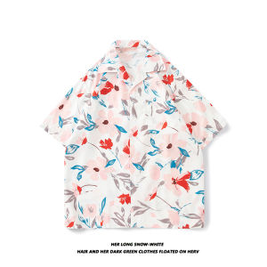 Outdoor Beach Style Full Print Pink Flower Shirt Mens Sports Casual Couple Short Sleeve ins Shirt