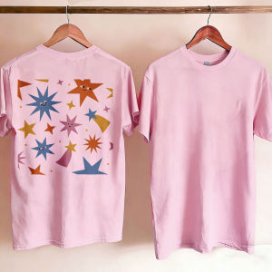 [Local Stock] HBESTY  Colorful Stars Cartoon Faces Geometric Shapes T-shirt Short Sleeve Casual Streetwear Kawaii Clothes Graphic T Shirts Gothic Tops
