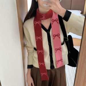 YOCKY Color Blocked Bow Knitted Scarf Warmer Long Narrow Neck Cover Retro Korean Style Double-sided Scarf Winter