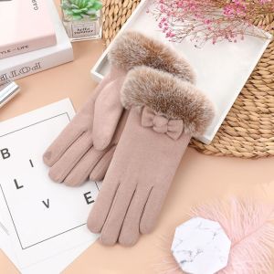 HULEQQI Touch Screen Bow Plush Gloves Keep Warm Solid Color Women Mittens Soft Anti Slip Winter Velvet Gloves Ladies