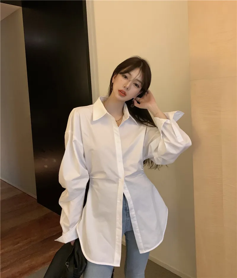 Korean Style Loose White Long Shirt for Women Pleated Waist Long