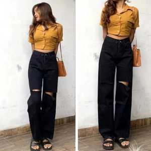 CELANA KULOT JEANS SOBEK HIGWAIST  WARNA PUTIH HITAM DAN MOCCA