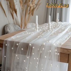 KAWAII BOX Romantic Wedding Table Runner Multi-color Luxury Gauze Tablecloth Household Semi-Transparent Pearl Chiffon Runner Wedding