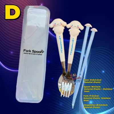 H-433 LSL Gifts Kitty Kuromi Melody Cartoon Stainless Steel Spoon Fork Chopsticks Tableware Set with Container Box