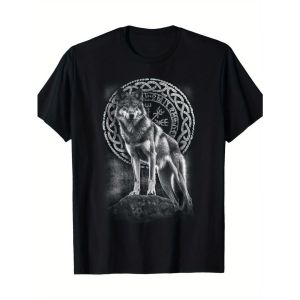 Mens Viking Crow T-Shirt with Compass Print Nordic Mythology Retro Style Street Casual Quick Drying Sports Short Sleeved Top