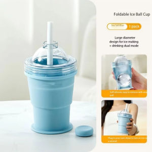 SG Ready Stock 2-in-1 Foldable Silicone Ice Ball Maker Cup Foldable Ice Maker Cup with Straw Portable Leak-Proof Drinking