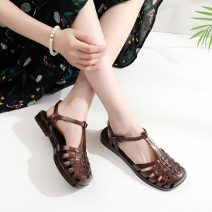 Free Shipping Baotou Open-Toe Sandals Flat Heels Square Toe Roman-Style Woven Mesh Casual Jelly Shoes For Women Summer Beach Shoes Non-Slip And Wear-Resistant