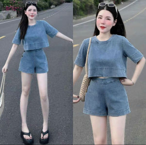 DX_Set đồ nữ mặc hè đồ đi biển set bộ Chất áo Jean Quảng Châu croptop kèm quần short