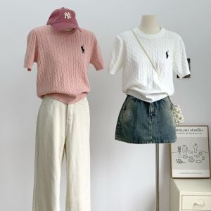 OCSHEAN  ผู้หญิงถักเสื้อกันหนาวแขนเสื้อสั้นเคเบิลอ่อนนุ่มและเป็นมิตรกับผิว