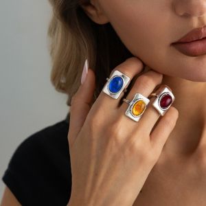 UTOPUS loại cổ điển Nhẫn cổ điển Phóng đại Nhựa nhiều màu sắc Nhẫn hình học Dây đeo dày Bề Rộng Nhẫn khảm đá quý Thẩm mỹ sang trọng