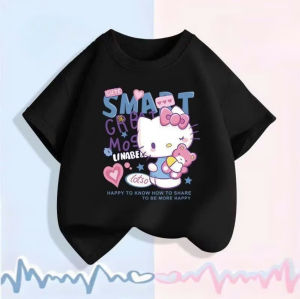 Áo Thun Cổ Tròn Tay Ngắn Cho Bé Gái Họa Tiết Hello Kitty Phong Cách Thời Trang