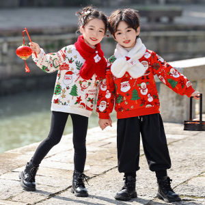 DD Cute Kids Christmas Sweatshirts with Cartoon Prints Warm Fleece Lined for Winter Holiday Performances and Festive Wear
