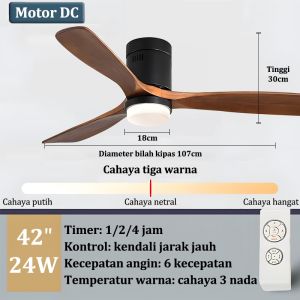 【COD】Lampu Kipas Angin Gantung Plafon Ruang Tamu Kipas Lampu Gantung Hias 2IN1 3 Warna 6 Kecepatan 42/48 Inci Hitam Perak Meja Makan Kamar Tidur Balkon LED Dan Bilah Kipas Kayu Lampu Kipas Angin Remote