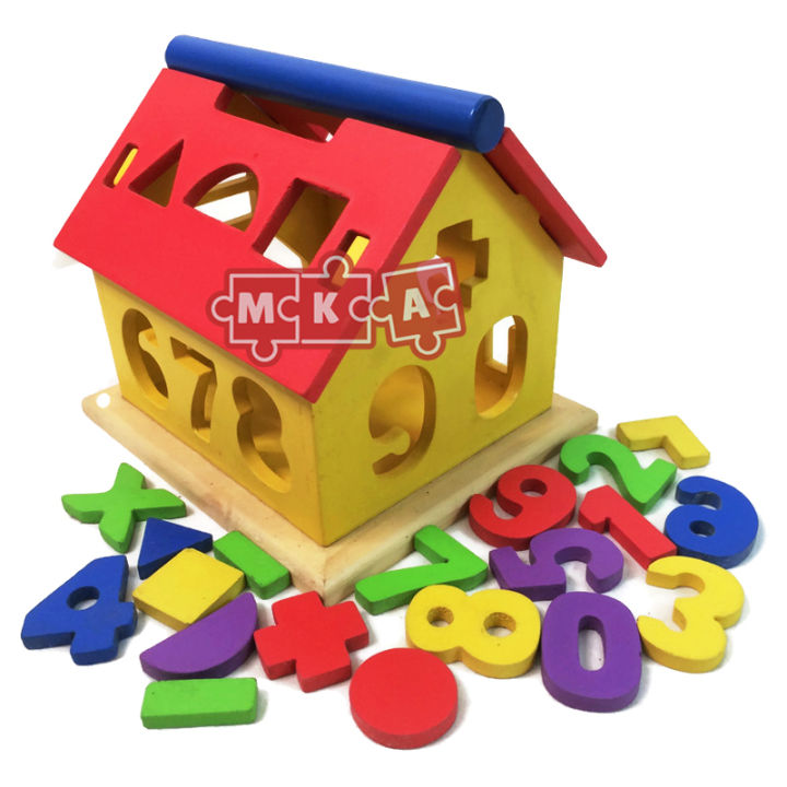Mainan Edukasi Anak Rumah Kayu Angka Geometri Geo 3D Puzzle Bentuk