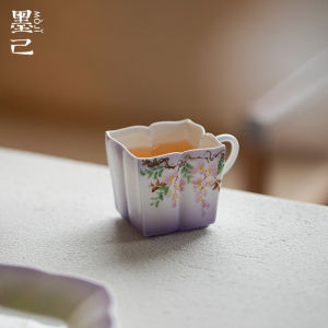 墨己玉泥手绘紫藤花家用茶杯日式提耳花口方形品茗杯主人杯单杯