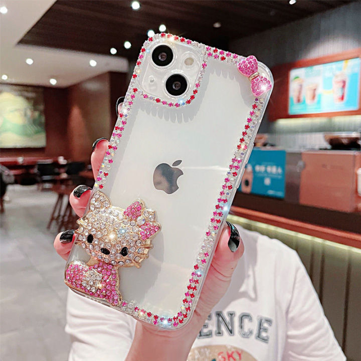 Luxury Shiny Diamond Jewelled Cute Cartoon Hello Kitty Cat Phone Case for  Iphone 11 12 13 14 15 16 Pro Max X Xs Xr Plus Shockproof Clear