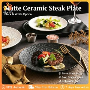 Matte Stone Grain Ceramic Steak Plates 25cm Western Dinner Plate Stackable Serving Dish for Home Restaurant