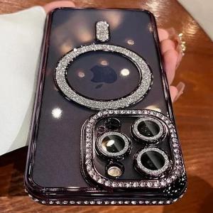 New Fashion Glitter Diamond Transparent Case For iPhone 17 16 15 14 13 11 12 Pro Max Funda Wireless Charge Bumper Cover