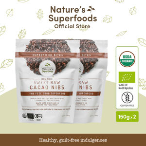 Bundle Deal: Natures Superfoods Organic Sweet Raw Cacao Nibs 150g x2 Packs Snack l Coated with Prebiotic Yacon Syrup (HALAL Certified)