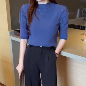 Womens Sweater with Puff Sleeves Spring Autumn Winter New Style Mid-Sleeve Knitted Top Half Turtleneck Slim Fit Thin Basic Shirt for Women