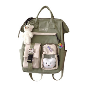 5TH Nylon Laptop Backpack Large Capacity Fashion Women Casual Backpack Casual Zipper Preppy Style Contrast Color Backpack Cute with Badge Bear