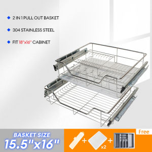 HYM 2 in 1 Pull Out Dish Rack for Cabinet Stainless for Pullout Basket Kitchen Cabinet Rack With Drainer Tray