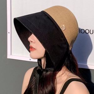 HULEQQI Weave Foldable Bucket Hat Shade Sun Caps Stripe Sunscreen Bucket Hat Sweet Summer Straw Hat Girls