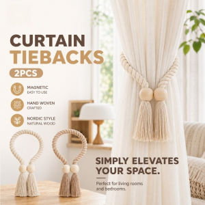 Wood Magnetic Curtain Tiebacks Pair Handmade Cotton Rope Boho Window Curtain Holder Living Room