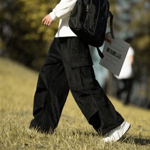 Celana Cargo Pria Hip-Hop Pinggang Alami Gaya Rapi Panjang Full Length Hijau Corduroy