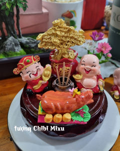 Combo Thần Tài Thổ Địa  (gồm 2 tượng 4cm + cây tiền + lư + heo bánh bao bột đá + đế 10cm) tặng kèm 10 nhang