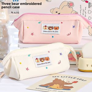 GONUUWGL Embroidered Kawaii Pencil Bag Large Capacity Bear Pattern Pen Pencil Case Cartoon Pencil Case Creative Stationery Bag School