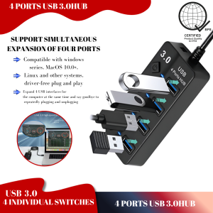 USB3.0 4-Port Hub with Built-in Power Adapter High-Speed Data Transfer Stable Connection for Mobile Phones & Computers