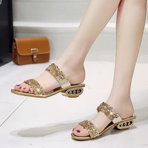 Korean Fashion Heels for Women Wedding Heels Shiny Sandals Summer Comfortable Block Heels Gold Heels for Lady Formal