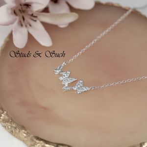 [Studs & Such] 925 Silver Choker Necklace With Butterflies Pendant Adorned With Cubic Zirconia